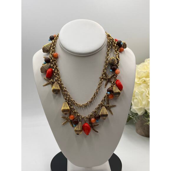 Yochi NY Signed Red Blue Starfish Faux Coral Turquoise Glass Statement Necklace - Picture 10 of 10